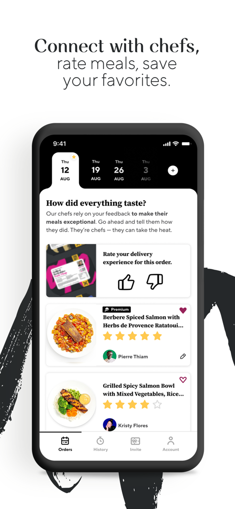 CookUnity mobile app screen showing a user interface to rate meals and connect with chefs.