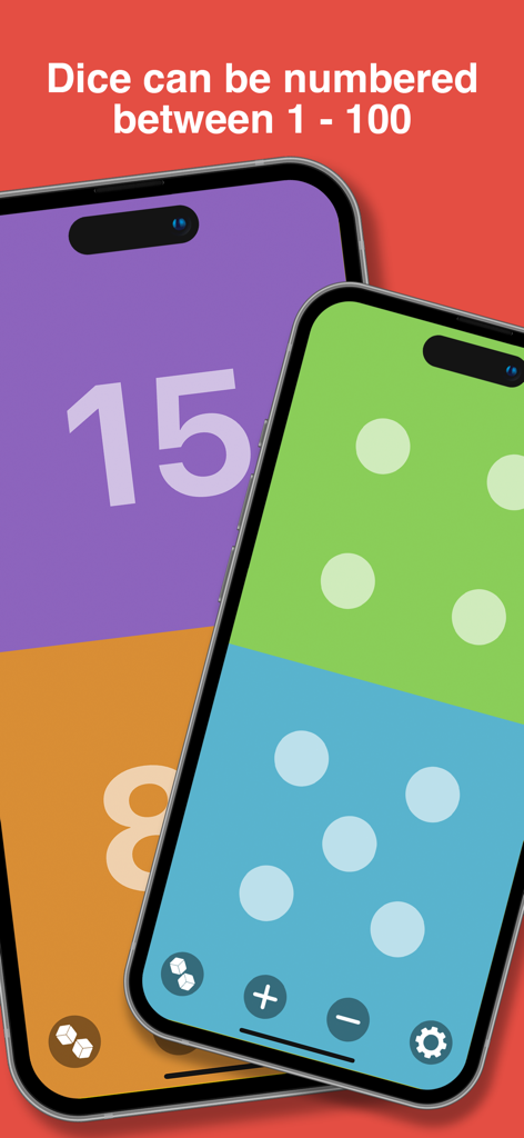 Dice Roller! - Interfaccia dell'app Dice Roller che mostra facce di dadi personalizzabili con numeri e pallini da 1 a 100