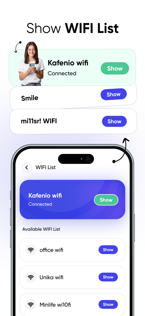 Wifi Password + Wifi Finder - App interface displaying a list of nearby WiFi networks with an option to show passwords.