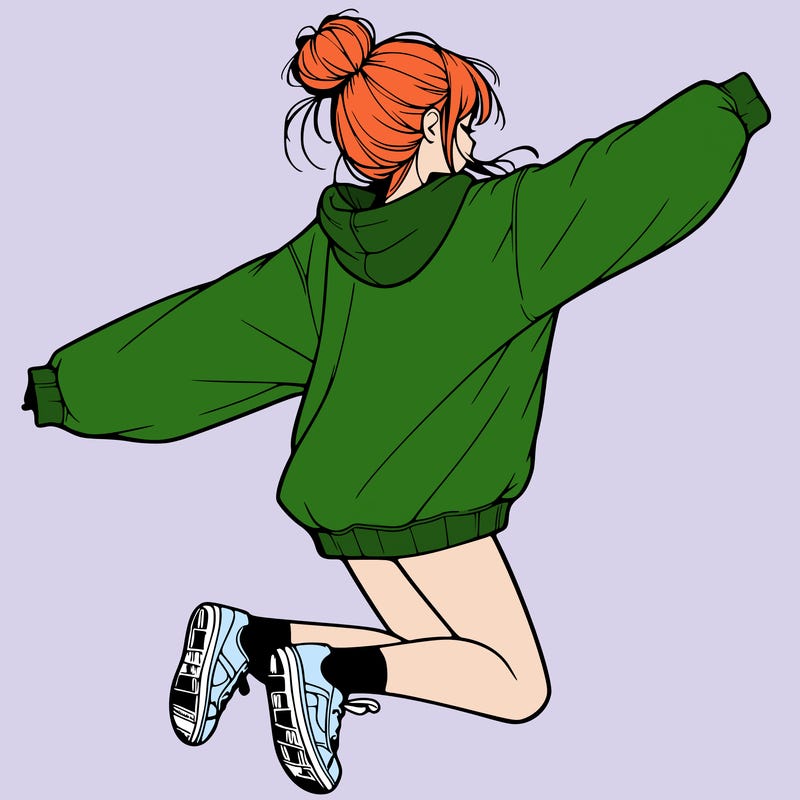 realistic girl jumping with a bun and oversized sweatshirt