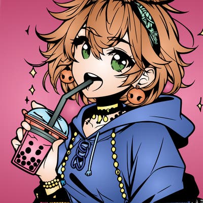hot baddie anime girl drinking boba and biting the straw