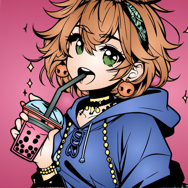 hot baddie anime girl drinking boba and biting the straw