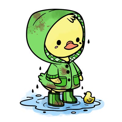 baby duck in a rain coat and boots, in a puddle while it’s raining