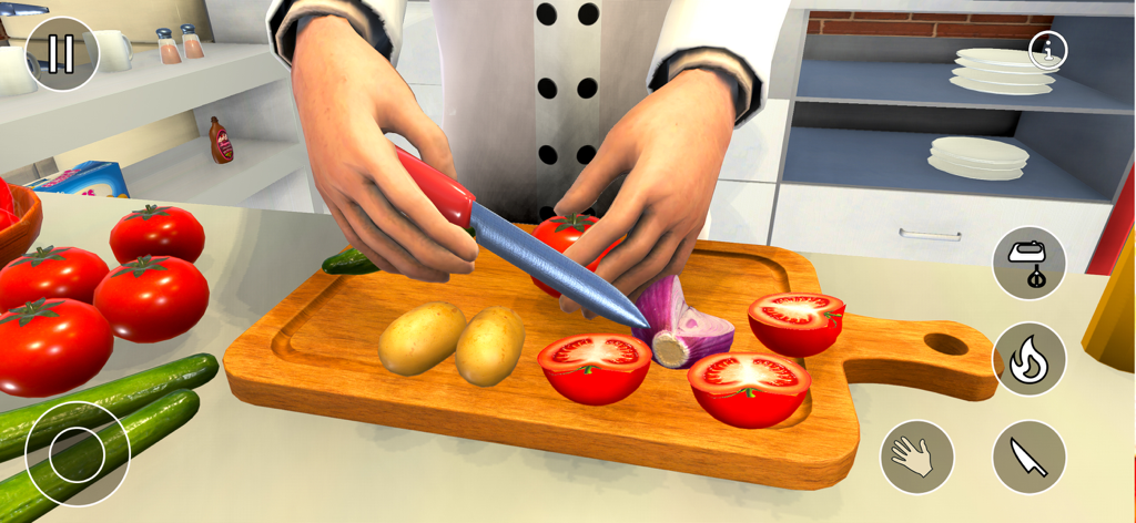 Un chef cortando verduras frescas en una tabla de cortar de madera en un juego de cocina realista.