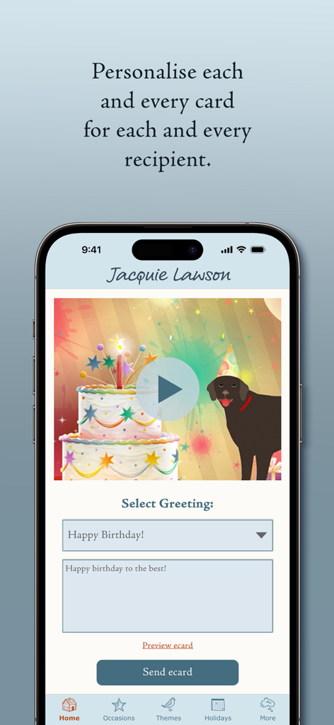 L'écran de l'application Jacquie Lawson pour personnaliser une carte de vœux d'anniversaire animée avec un gâteau et un chien.