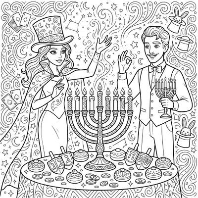 Step into a world of wonder with this unique Hanukkah coloring page, where skilled illusionists bring a touch of magic to the Festival of Lights. Featuring traditional menorahs, playful dreidels, and sweet sufganiyot, this festive scene promises hours of creative coloring fun.