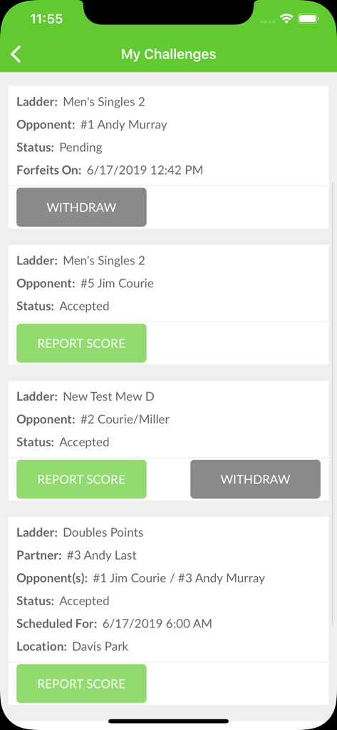 TennisRungs - TennisRungs mobile app screen displaying a list of tennis match challenges with opponent details and score reporting buttons