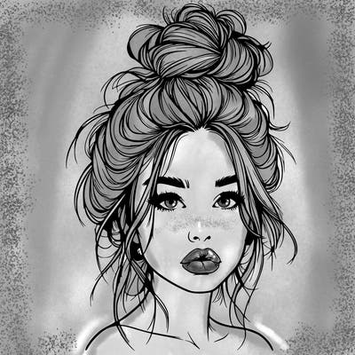 realistic girl with a messy bun and she has lips