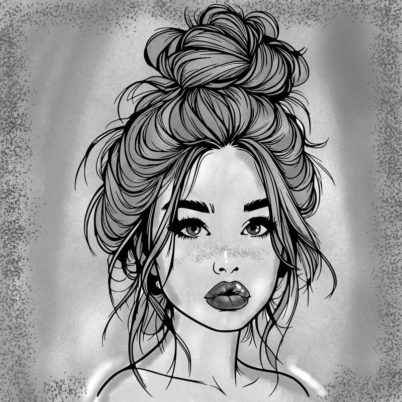 realistic girl with a messy bun and she has lips