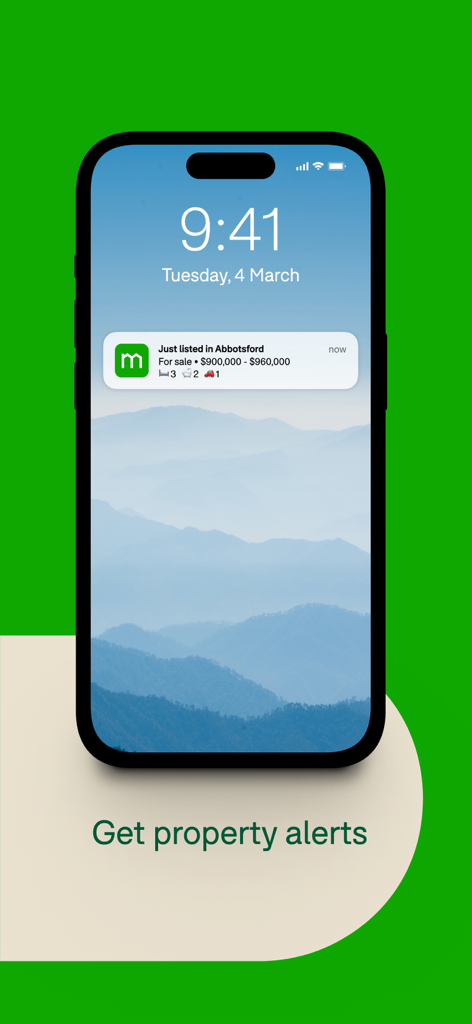 A smartphone lock screen displaying a real estate notification for a new property listing in Abbotsford.