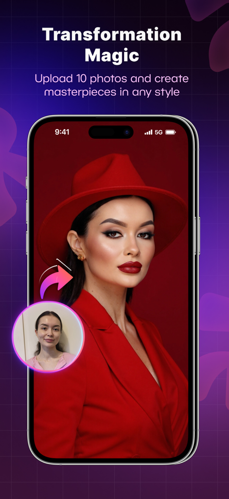 AI Photo Generator - ReCrea.ai - A phone screen showing the transformation of a simple selfie into a professional AI generated glamour portrait