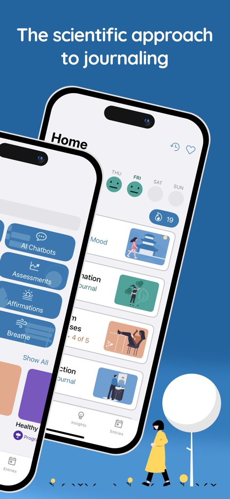 Interface de l'application Clarity : Journal d'auto-assistance TCC montrant le suivi de l'humeur, les chatbots IA et les évaluations de santé mentale sur un écran de mobile
