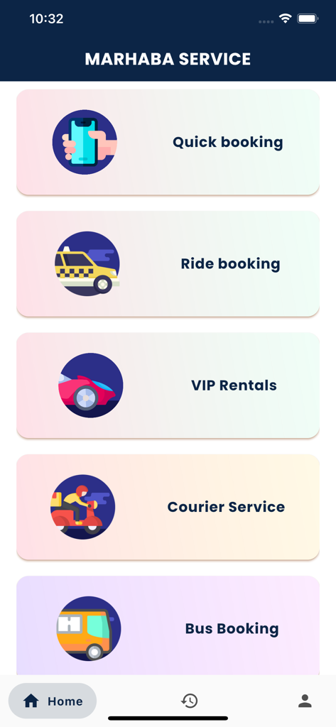 Pantalla de inicio de la aplicación MARHABA SERVICE que muestra opciones de reserva de viajes, alquileres VIP, servicios de mensajería y reserva de billetes de autobús.