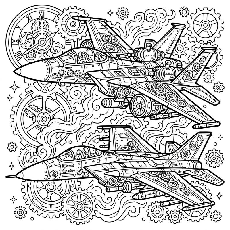 Prepare for an aerial adventure with this unique Steampunk Military Jets coloring page! Immerse yourself in a world where advanced machinery meets Victorian-era aesthetics, ready for your creative touch.