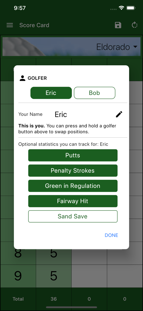 Interface of EasyScore Golf Scorecard app showing optional statistics tracking for a golfer with large easy to see buttons