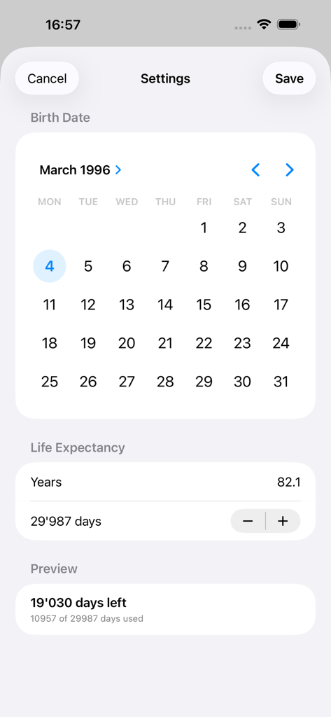 Interfaz de la aplicación Cuenta Regresiva que muestra la configuración para el seguimiento de fecha de nacimiento y esperanza de vida