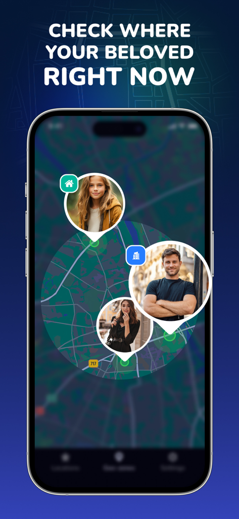 Smartphone-Bildschirm zeigt den Standort von Familienmitgliedern auf einer Karte