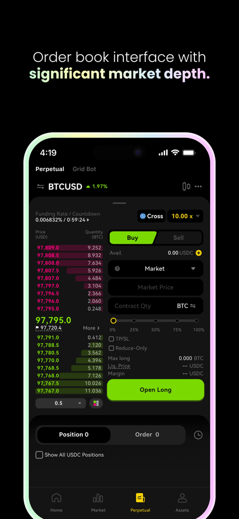 ApeX Protocol mobile app order book interface showing BTCUSD perpetual trading with significant market depth