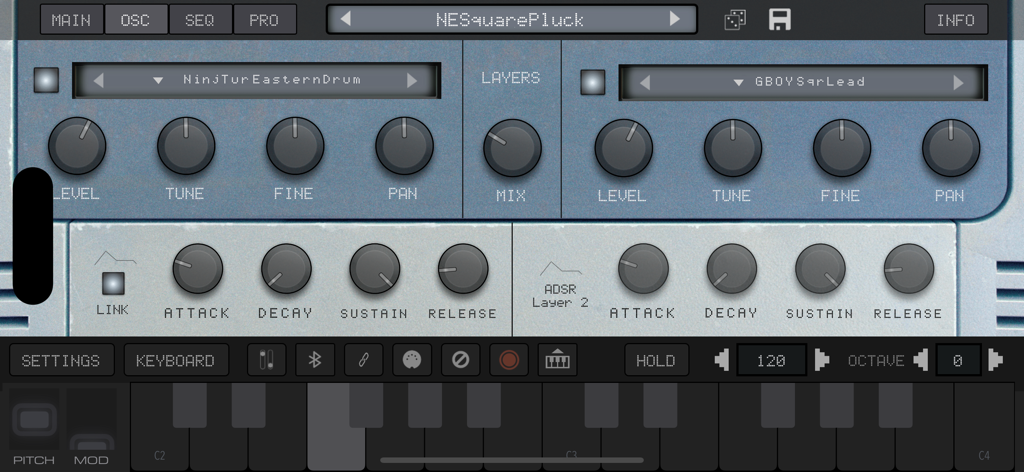 SNESynth: Chiptune Power! - Interface of the SNESynth mobile app showing dual sound layers and ADSR envelope controls for chiptune music production.