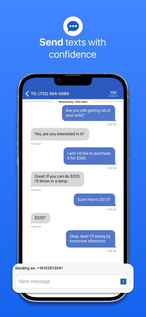 SpoofCard - Privacy Protected - Smartphone screen showing a private text conversation using a SpoofCard secondary number for a marketplace deal