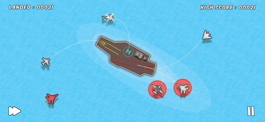 Top down view of aircraft landing on a carrier in the Planes Control mobile game