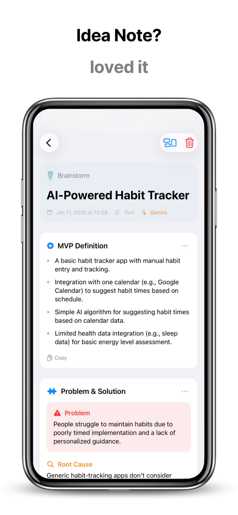 Wiz Note AI: Smart Notes - La aplicación Wiz Note AI muestra una tarjeta inteligente organizada para una idea de rastreador de hábitos.