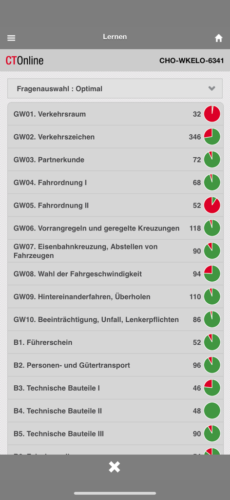 List of driving theory exam categories and study progress in the CTOnline app
