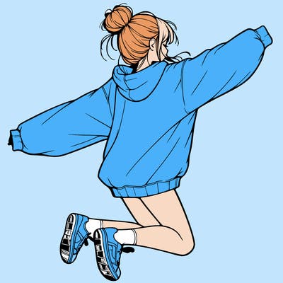 realistic girl jumping with a bun and oversized sweatshirt
