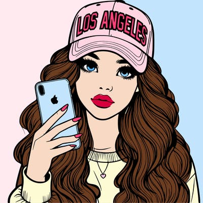 realistic beautiful girl wearing los ángeles cap holding an iphone