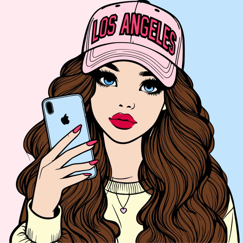 realistic beautiful girl wearing los ángeles cap holding an iphone