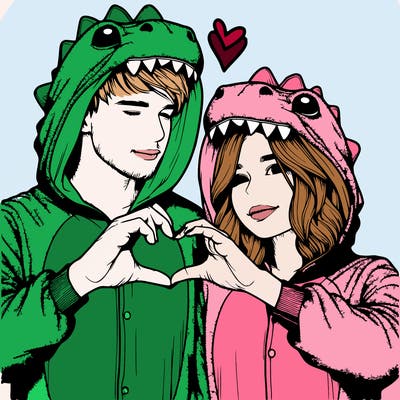 realistic couple wearing matching dinosaur onesies with heart hand gesture