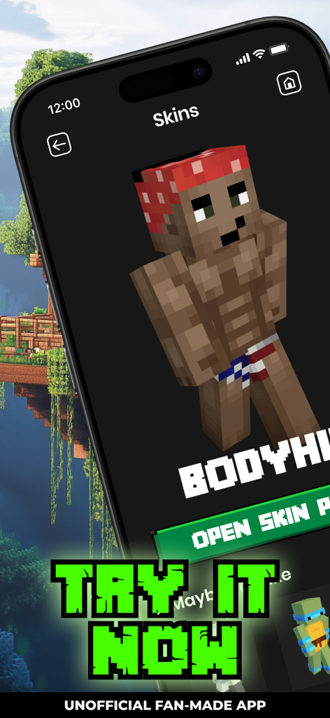 Screenshot of the Skins section in the MCPE AddOns app showing a character skin preview