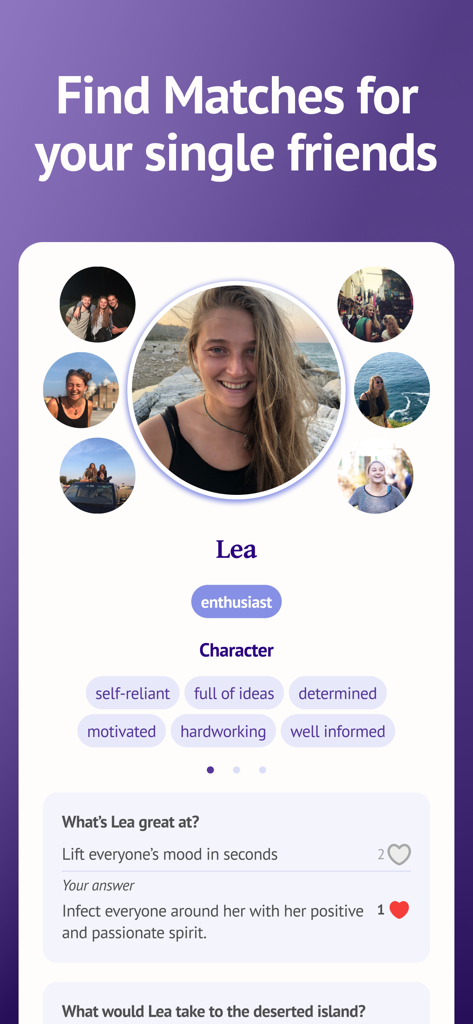 A user profile for Lea on the Blindmate app showing personality traits and answers to questions provided by her friends