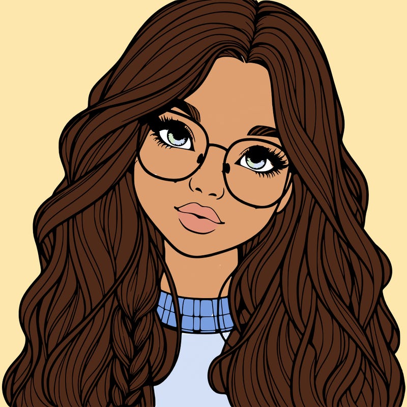 girl with long hair and freckles and glasses realistic