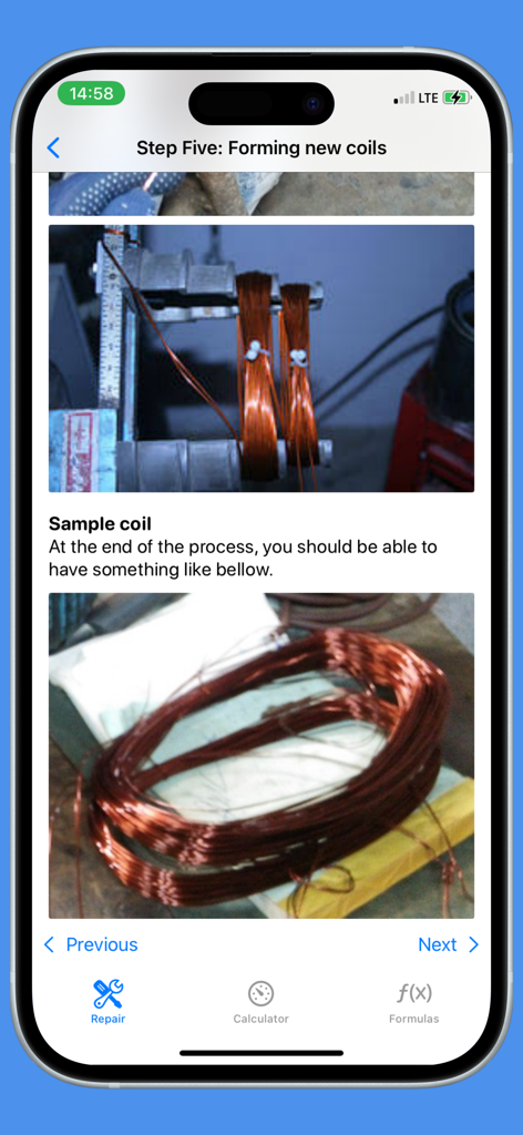 Motor Repair - Passo cinco do tutorial no aplicativo Reparo de Motores mostrando o processo de formação de novas bobinas de cobre para rebobinamento de motores.