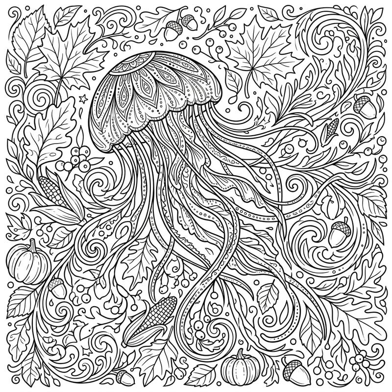 Explore the unexpected beauty of an Irukandji jellyfish amidst a lavish autumn landscape in this intricate coloring page. This design beautifully merges marine mystery with the cozy spirit of fall, offering a unique artistic challenge.