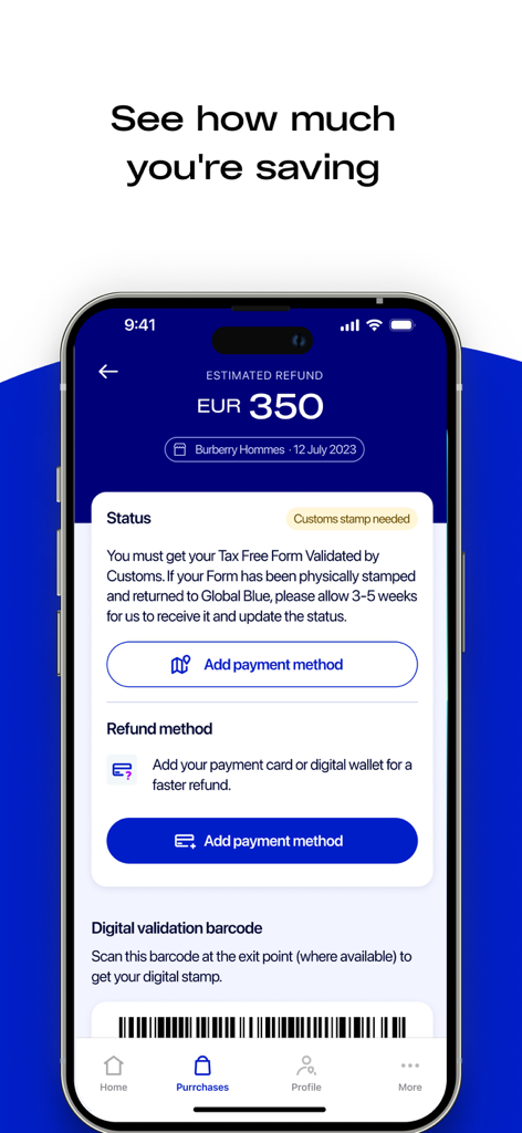 Screenshot of the Global Blue app showing an estimated tax refund of 350 Euros for a luxury purchase.