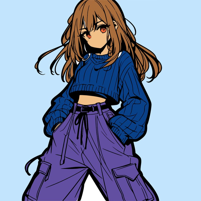 anime teen girl with baggy pants and crop top with sweater