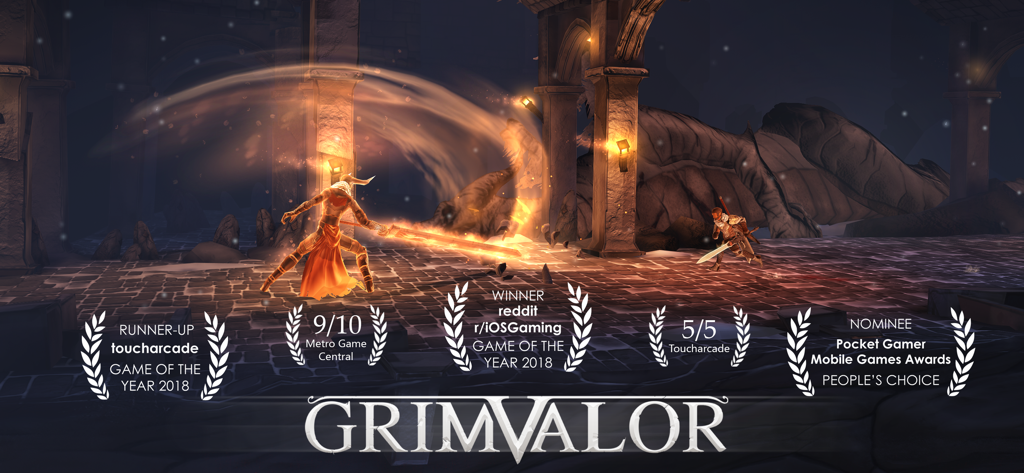 Grimvalor gameplay featuring a warrior with a flaming sword in a dark dungeon and various mobile gaming awards.