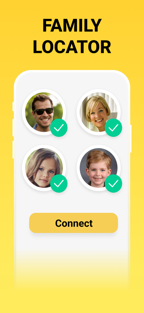 Geopapa: GPS location tracker - Geopapa family locator app screen showing connected family profiles and a connect button