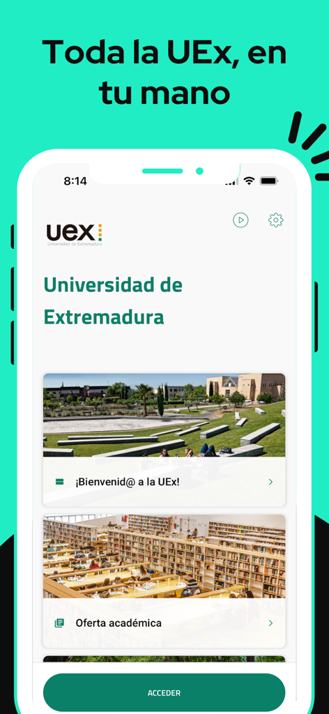 Main interface of the UEx University of Extremadura mobile application showing the welcome screen and academic programs
