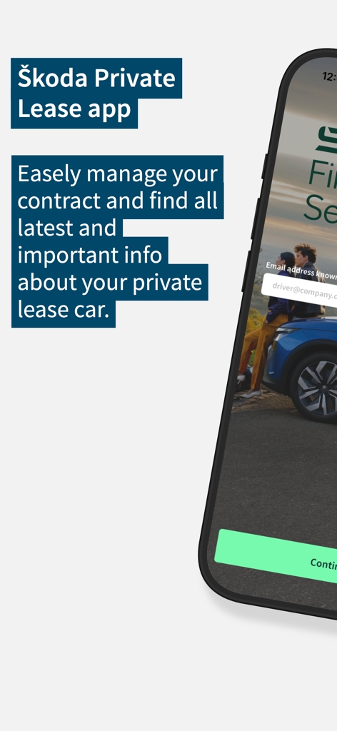 Pantalla introductoria de la aplicación Skoda Private Lease explicando las funciones de gestión de contratos