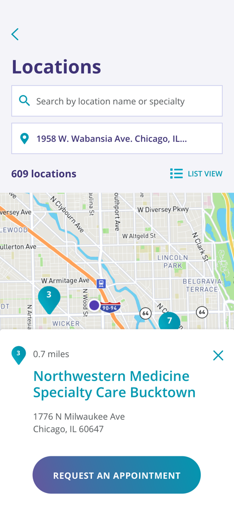 MyNM by Northwestern Medicine - Map view of Northwestern Medicine locations in Chicago on the MyNM app