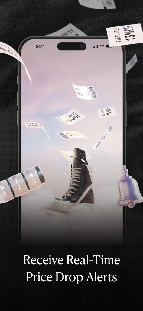 REVERSIBLE - Fashion, Curated - Smartphone screen displaying real-time price drop alerts for luxury footwear with falling discount tags and a notification bell.