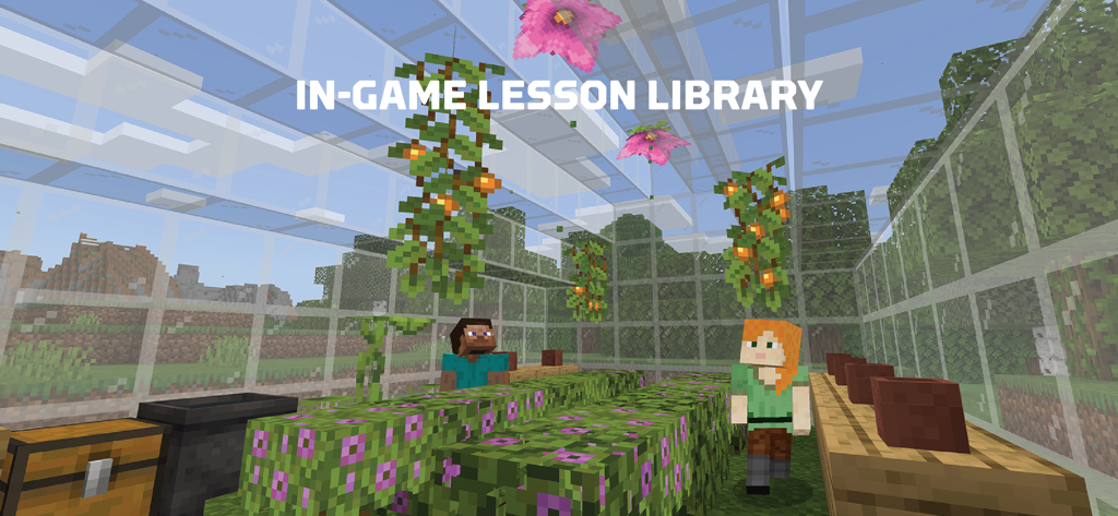 Minecraft Education - ガラス温室の中にいる2体のマインクラフトキャラクター。植物や花があり、授業用です。
