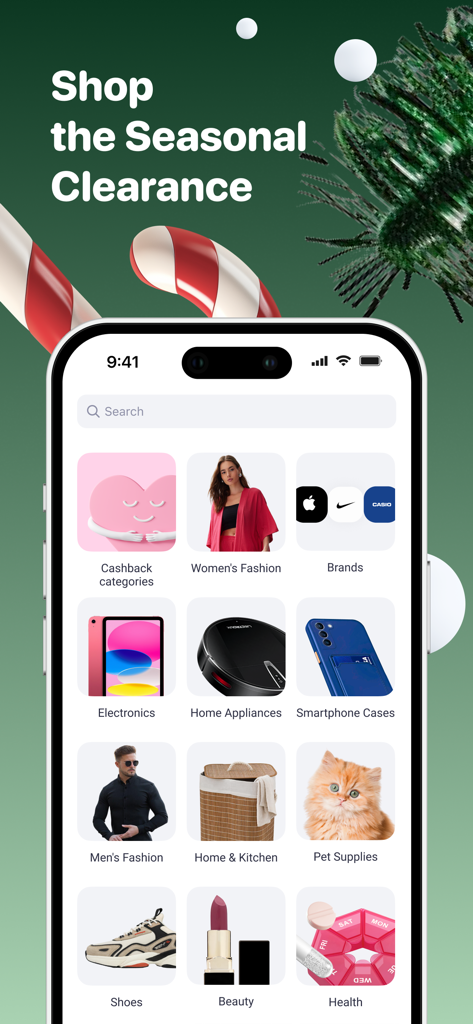 Interfaz de la aplicación móvil de Joom que muestra categorías de productos, incluyendo moda, electrónica y artículos para el hogar con un banner de liquidación de temporada