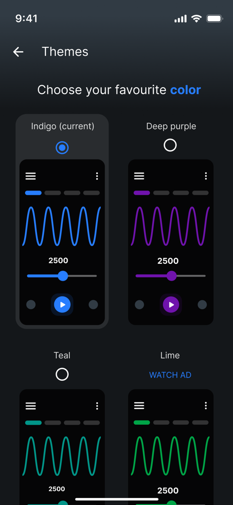 Frequency Generator (Sound) - Color theme selection menu in the Frequency Generator app interface