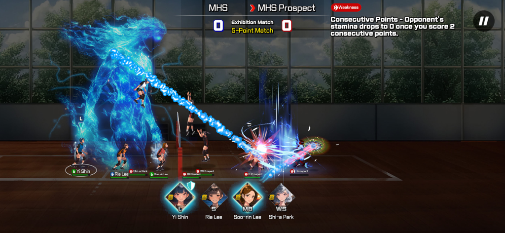 Volley Girls:High School Story - High school volleyball match gameplay featuring a player activating a glowing blue elemental special move