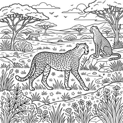 Explore the majestic beauty of cheetahs in their natural habitat with this stunning full-scene coloring page. This intricate design invites you to bring the African safari to life with your favorite colors.