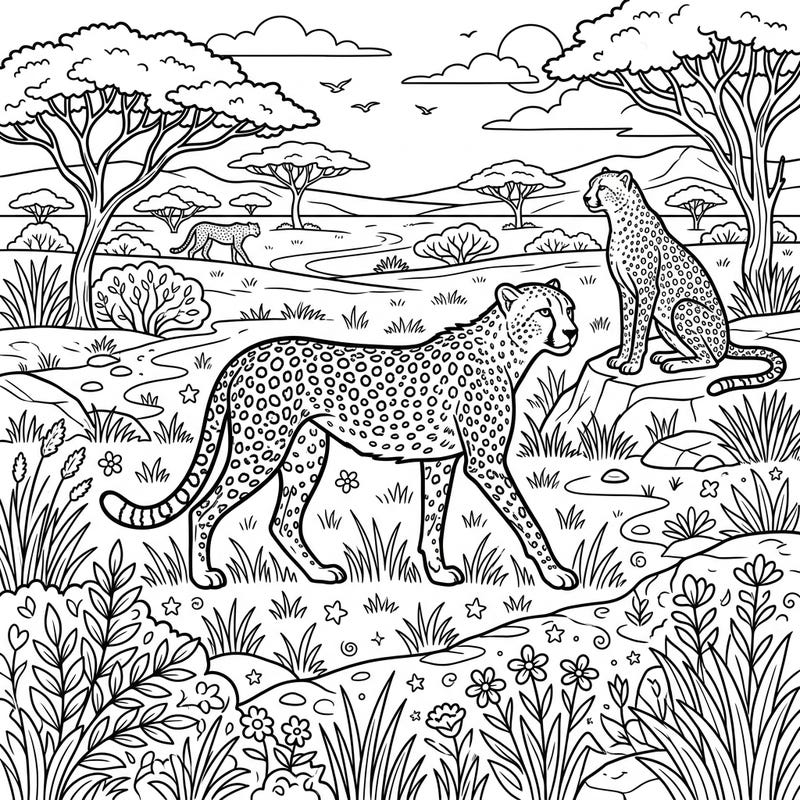 Explore the majestic beauty of cheetahs in their natural habitat with this stunning full-scene coloring page. This intricate design invites you to bring the African safari to life with your favorite colors.